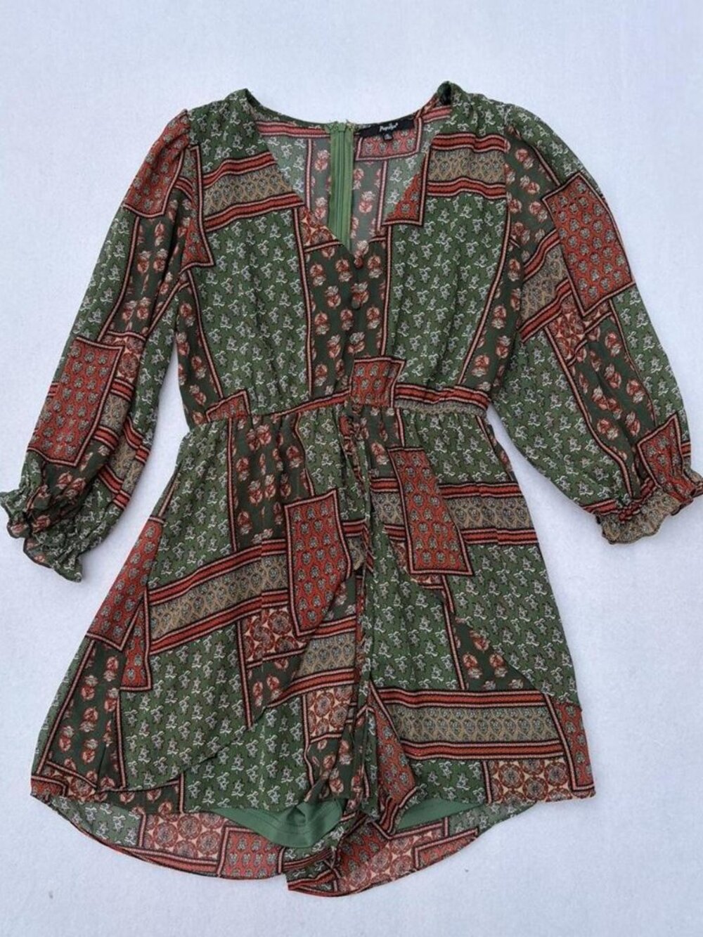 Papaya Green Orange Patchwork V-neck Romper Sz M Bohemian Boho Fall Autumn